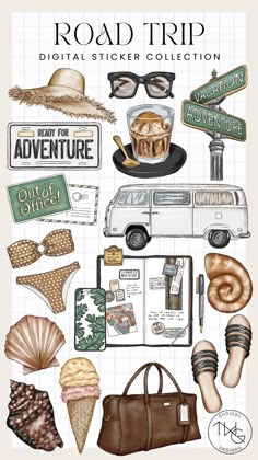 the road trip digital sticker collection includes travel items, hats, and other things