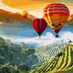 two hot air balloons are flying over the mountains and fields in this painting by numbers