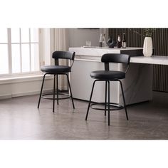 Enhance your space with our set of three 24" Height Low Back Ashley swivel bar stools, perfect for adding a contemporary touch to kitchens or basements. Low Back Counter Stools, Black Bar Stools, Office Bar, Office Set, Counter Height Stools, Counter Bar Stools, Leather Cushion, Uneven Floor, Swivel Bar Stools