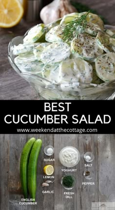 cucumber salad in a glass bowl on a wooden table with ingredients for it