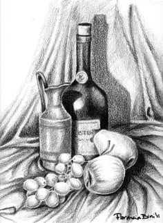 a drawing of an apple, bottle and garlic