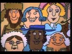 an animated image of several people with hats and glasses, all wearing different colored clothing