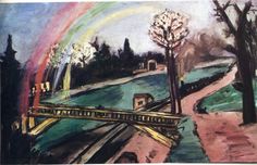 a painting of a bridge over a river with trees in the foreground and a rainbow in the background