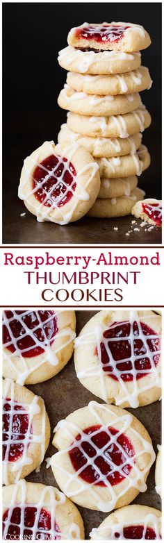 raspberry almond thumbprint cookies stacked on top of each other with the words,'raspberry almond thumbprint cookies '