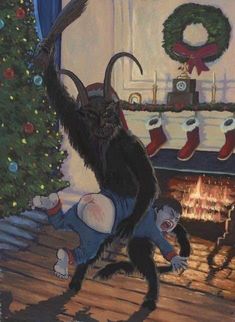 a painting of a cat hanging from a christmas tree next to a man on the floor