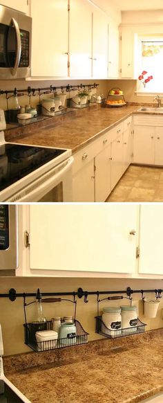 before and after pictures of a kitchen with white cabinets, granite counter tops and stainless steel appliances