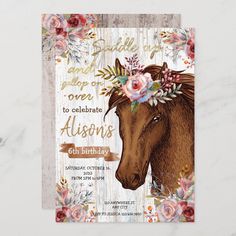 a birthday card with a horse wearing a flower crown on it's head and the words saddle up, i am going to celebrate allong