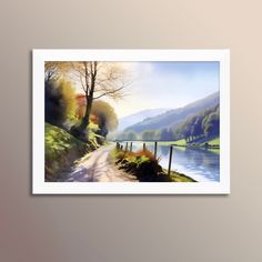 a painting of a country road by the water