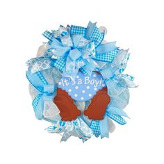 it's a boy blue and white mesh wreath with teddy bear on the front