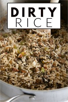 how to make cajun dirty rice in a pan with text overlay that reads, how to make cajun dirty rice