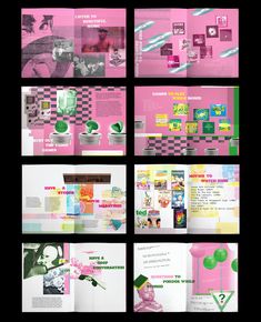 an assortment of brochures with pink and green designs