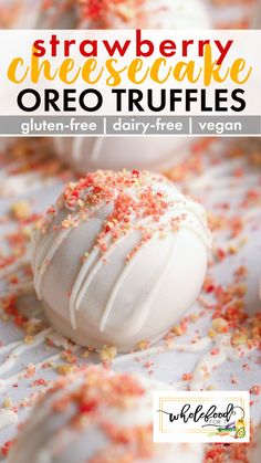 strawberry cheesecake oreo truffles with white frosting and sprinkles