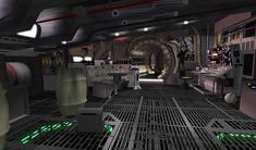 a sci - fi space station is shown with green lights on the floor and in the ceiling