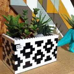 a small planter with plants in it on a table next to a wall decoration