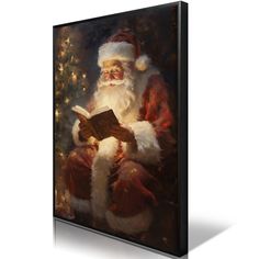 a painting of santa claus reading a book