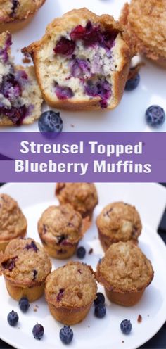 blueberry muffins on a white plate with text overlay that reads, stressel topped blueberry muffins