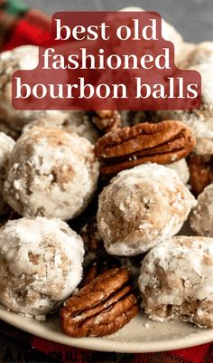 the best old fashioned bourbon balls recipe on a white plate with pecans and powdered sugar