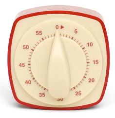 a red and white timer on a white background