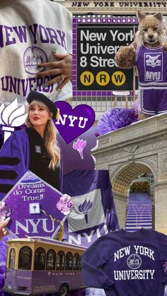 the collage has many images of people in purple and white outfits, including an image of a bus