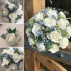 the bridal bouquet is made up of white and blue flowers