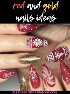 Christmas Nail Designs, winter nails, Christmas nails, festive nails, acrylic nails, coffin nails, square nails, nail design, simple matte nail design, snowflake, shellac nail, nail polish, blue nail design, black nail design, glitter nail design, classy nails, almond nails, round nails, short nails, long nails, burgundy nails, white nails, nail art, nail ideas, long nails, Opi nails,  purple nails, gray nails, silver nails, gold nails, elegant nail art, #rednails Red and gold nails Nails Shellac, Red And Gold Nails, Gold Ideas, Winter Gold, Matte Nails Design, Nails Christmas, Blue Nail Designs