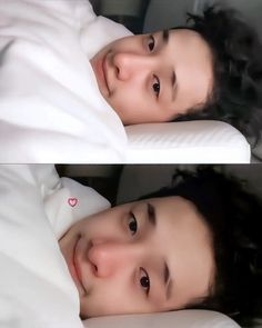 two pictures of a woman laying in bed with white sheets on her head and smiling at the camera