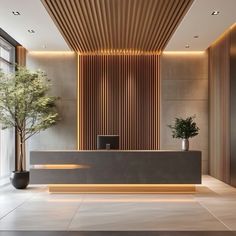 an elegant reception area with wood slats on the wall and planters in front