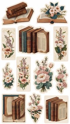 an old book with flowers and books on it's cover, all in different colors