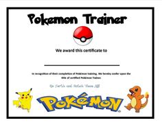 the certificate for pokemon trainer is shown