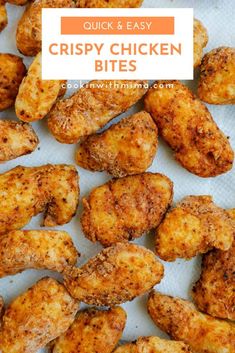 crispy chicken bites on a white plate with text overlay that reads quick and easy crispy chicken bites