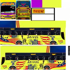 the double decker bus is painted bright yellow and has an american flag design on it