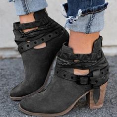 #buckleankleboots #bootsankleoutfit Fall Footwear, Womens Black Booties, Chunky Heel Ankle Boots, Buckle Ankle Boots, Boots Suede, Boots High, Boots Women Fashion, Buckle Shoes, Buckle Boots