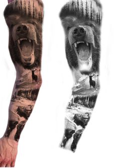 an arm tattoo with two images of bears and trees