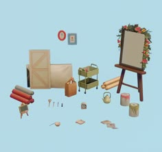 there are many items that can be seen in this image, including an easel and other things