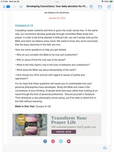 a screenshot of an article about the bible's new book, transform your prayer life