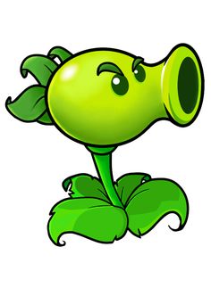 an image of a cartoon green plant with eyes and leaves on it's head