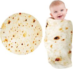 a baby wrapped in a tortilla wrap next to an image of a pizza