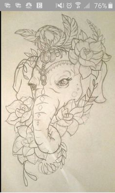 a drawing of an elephant with flowers on its head