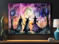 three witches walking in the woods at night under a full moon painting print on canvas