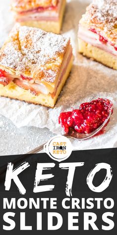 keto monte cristoo sliders with powdered sugar and strawberry jam on top