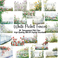 white picket fences with flowers and plants in the middle, high quality 3d digital files