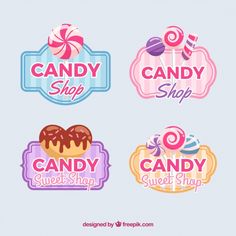 four candy shop stickers with different designs