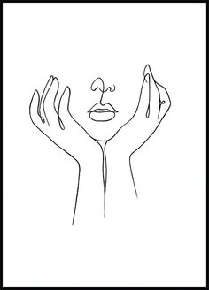 a black and white line drawing of a woman's face with her hands in the air