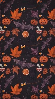 a black background with pumpkins and bats on it