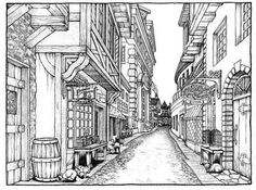 a black and white drawing of an alleyway with barrels on the sidewalk, in front of