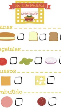 a poster with different types of food and words in spanish, english, and french