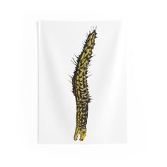 a yellow and black caterpillar hanging on a white wall with the image of a caterpillar