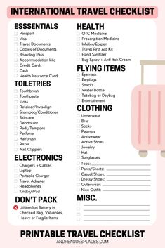 the ultimate travel checklist for kids and adults with pink luggage on it, including an elephant