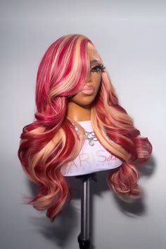 Blonde And Red Highlights Black Women, Red And Blonde Wig For Black Women, Strawberry Shortcake Wig, Blonde And Red Wig, Red And Blonde Hair Color Black Women, Exotic Wigs, Creative Wigs, Peach Wig, Wig Installs