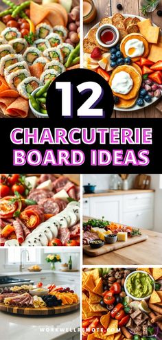 twelve pictures with different types of food on them and the words 12 charcuterie board ideas